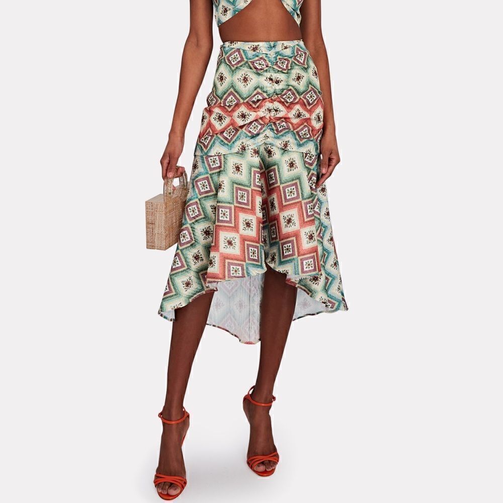 NWT AUTUMN ADEIGBO Soraya Geometric-Print Ruched Bead-Fringe Midi Skirt Size 8